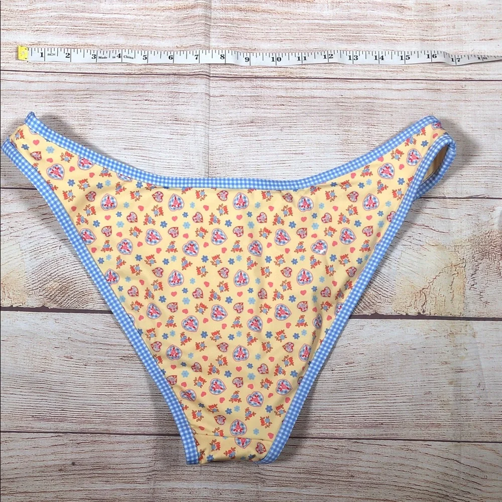 Frankie's Bikinis x PINK Yellow Floral Bikini Bottom with Blue Gingham Trim